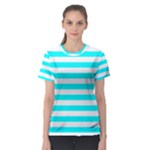 Horizontal Stripes - White and Aqua Cyan Women s Sport Mesh Tee