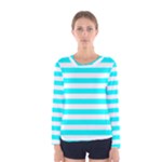 Horizontal Stripes - White and Aqua Cyan Women s Long Sleeve T-shirt