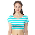 Horizontal Stripes - White and Aqua Cyan Short Sleeve Crop Top (Tight Fit)