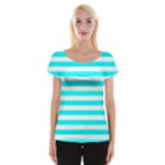 Horizontal Stripes - White and Aqua Cyan Women s Cap Sleeve Top