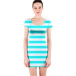 Horizontal Stripes - White and Aqua Cyan Short Sleeve Bodycon Dress