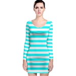 Horizontal Stripes - White and Aqua Cyan Long Sleeve Bodycon Dress