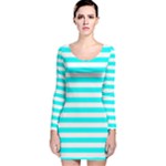 Horizontal Stripes - White and Aqua Cyan Long Sleeve Velvet Bodycon Dress