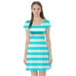 Horizontal Stripes - White and Aqua Cyan Short Sleeve Skater Dress