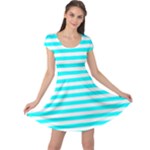 Horizontal Stripes - White and Aqua Cyan Cap Sleeve Dress
