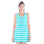 Horizontal Stripes - White and Aqua Cyan Scoop Neck Skater Dress