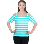 Horizontal Stripes - White and Aqua Cyan Women s Cutout Shoulder Tee