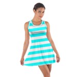 Horizontal Stripes - White and Aqua Cyan Cotton Racerback Dress
