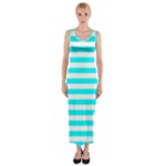 Horizontal Stripes - White and Aqua Cyan Fitted Maxi Dress