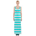 Horizontal Stripes - White and Aqua Cyan Maxi Thigh Split Dress