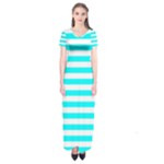 Horizontal Stripes - White and Aqua Cyan Short Sleeve Maxi Dress