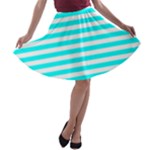 Horizontal Stripes - White and Aqua Cyan A-line Skater Skirt