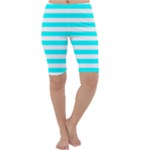 Horizontal Stripes - White and Aqua Cyan Cropped Leggings