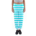 Horizontal Stripes - White and Aqua Cyan Women s Jogger Sweatpants