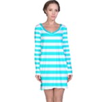Horizontal Stripes - White and Aqua Cyan Long Sleeve Nightdress