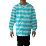 Horizontal Stripes - White and Aqua Cyan Hooded Wind Breaker (Kids)
