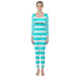 Horizontal Stripes - White and Aqua Cyan Long Sleeve Catsuit