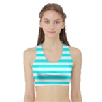 Horizontal Stripes - White and Aqua Cyan Women s Sports Bra with Border