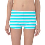 Horizontal Stripes - White and Aqua Cyan Boyleg Bikini Bottoms