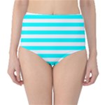 Horizontal Stripes - White and Aqua Cyan High-Waist Bikini Bottoms