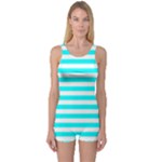 Horizontal Stripes - White and Aqua Cyan One Piece Boyleg Swimsuit