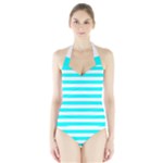 Horizontal Stripes - White and Aqua Cyan Women s Halter One Piece Swimsuit