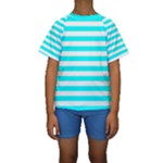 Horizontal Stripes - White and Aqua Cyan Kid s Short Sleeve Swimwear