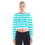 Horizontal Stripes - White and Aqua Cyan Women s Cropped Sweatshirt