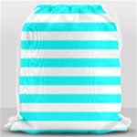 Horizontal Stripes - White and Aqua Cyan Drawstring Bag (Large)