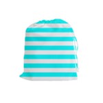 Horizontal Stripes - White and Aqua Cyan Drawstring Pouch (L)
