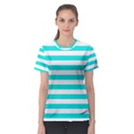 Horizontal Stripes - White and Bright Turquoise Women s Sport Mesh Tee