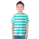 Horizontal Stripes - White and Bright Turquoise Kid s Cotton Tee
