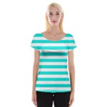 Horizontal Stripes - White and Bright Turquoise Women s Cap Sleeve Top