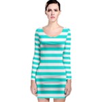 Horizontal Stripes - White and Bright Turquoise Long Sleeve Bodycon Dress