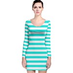 Horizontal Stripes - White and Bright Turquoise Long Sleeve Velvet Bodycon Dress