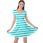 Horizontal Stripes - White and Bright Turquoise Cap Sleeve Dress