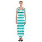 Horizontal Stripes - White and Bright Turquoise Fitted Maxi Dress