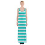 Horizontal Stripes - White and Bright Turquoise Maxi Thigh Split Dress