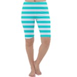 Horizontal Stripes - White and Bright Turquoise Cropped Leggings