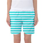 Horizontal Stripes - White and Bright Turquoise Women s Basketball Shorts