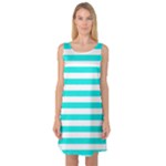 Horizontal Stripes - White and Bright Turquoise Sleeveless Satin Nightdress