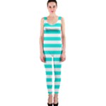 Horizontal Stripes - White and Bright Turquoise OnePiece Catsuit