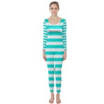 Horizontal Stripes - White and Bright Turquoise Long Sleeve Catsuit