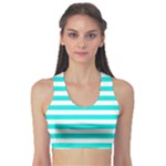 Horizontal Stripes - White and Bright Turquoise Women s Sports Bra