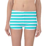 Horizontal Stripes - White and Bright Turquoise Reversible Boyleg Bikini Bottoms