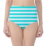 Horizontal Stripes - White and Bright Turquoise High-Waist Bikini Bottoms