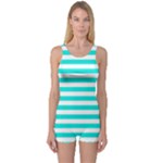 Horizontal Stripes - White and Bright Turquoise One Piece Boyleg Swimsuit