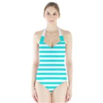 Horizontal Stripes - White and Bright Turquoise Women s Halter One Piece Swimsuit
