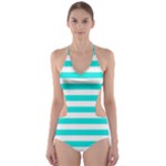 Horizontal Stripes - White and Bright Turquoise Cut-Out One Piece Swimsuit
