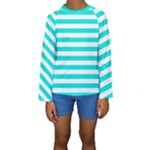 Horizontal Stripes - White and Bright Turquoise Kid s Long Sleeve Swimwear